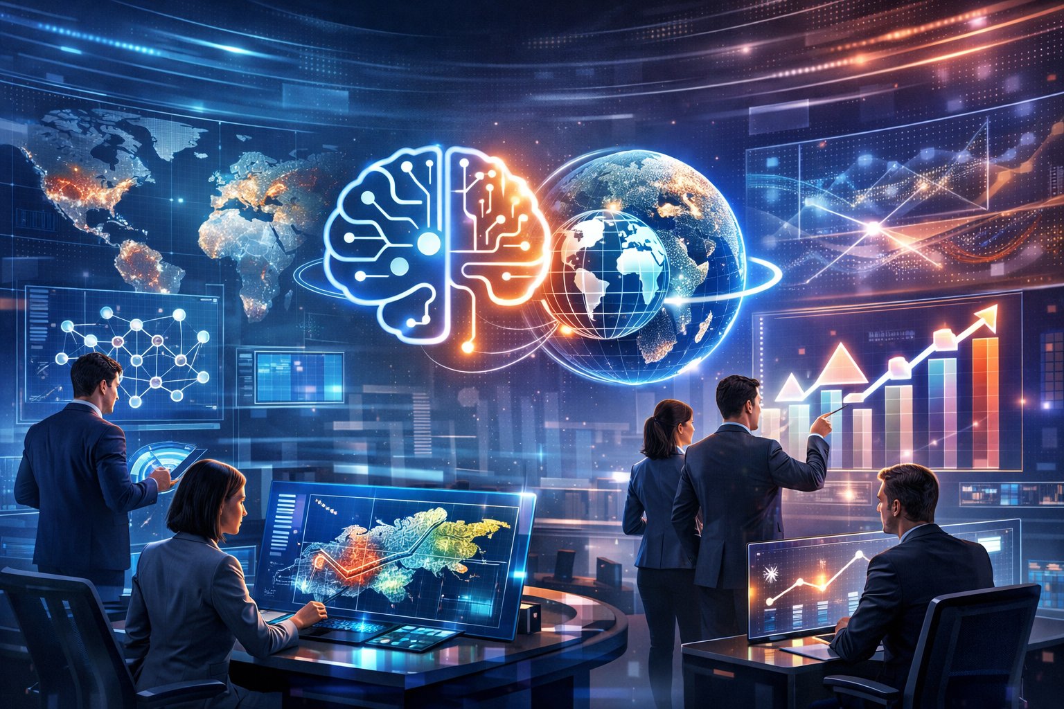 A futuristic control room where professionals analyze digital data and maps showing the connection between AI and geographic information creating business leaders.