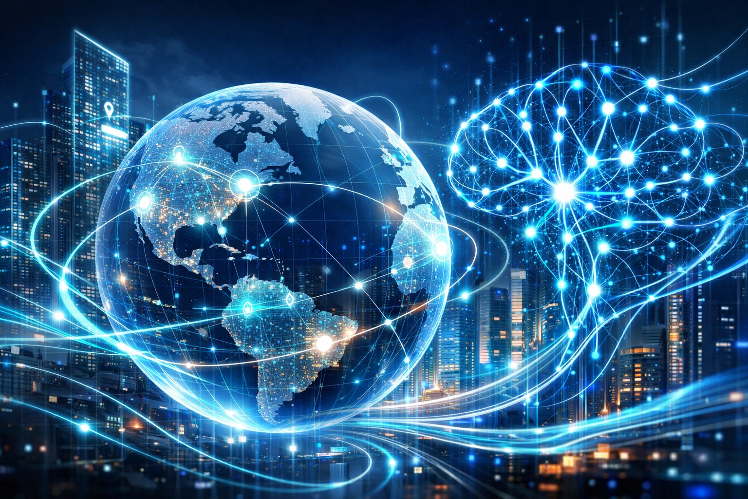A futuristic city with glowing digital maps and a holographic globe showing connected geographic locations and AI neural network patterns.