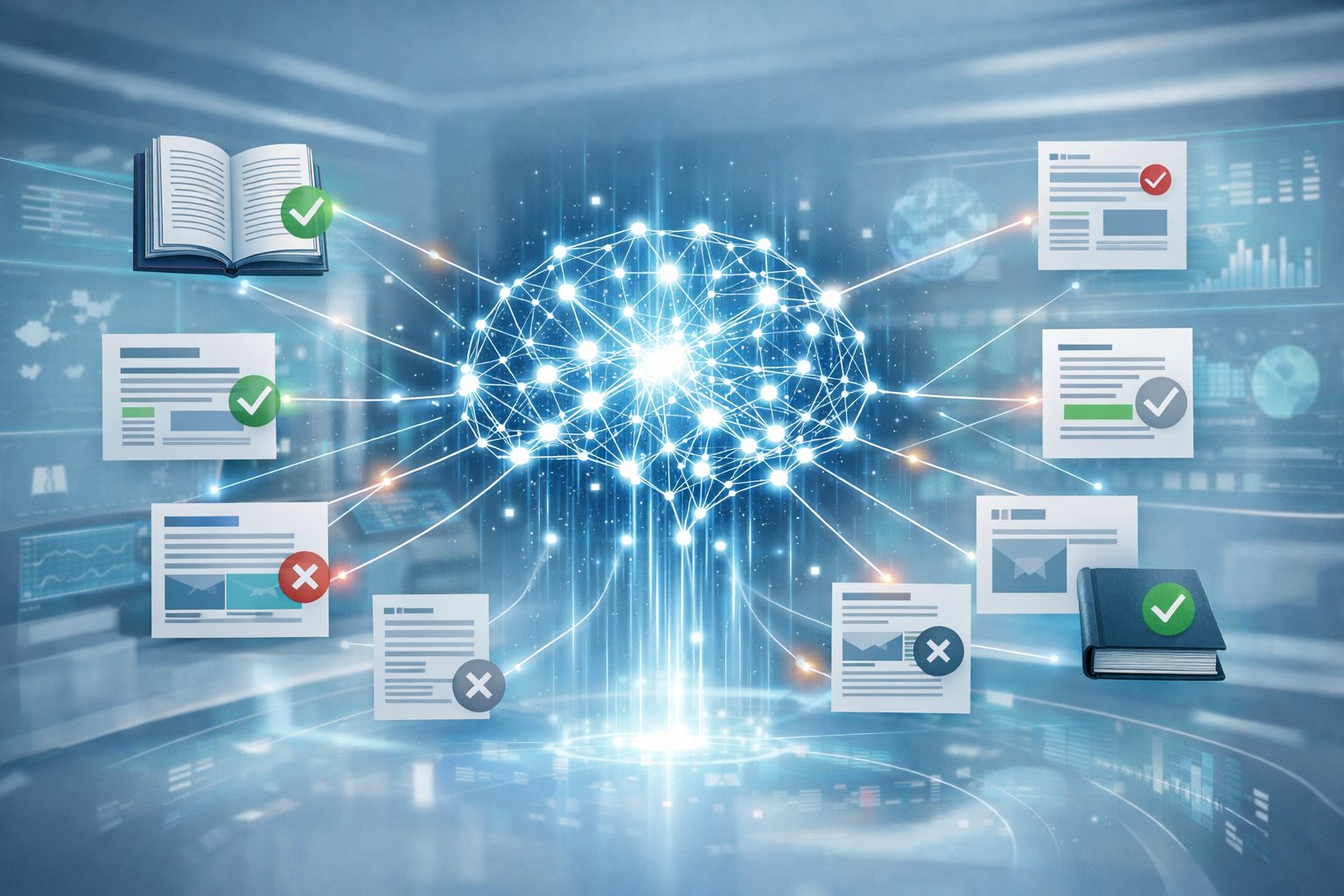 An AI interface at the center connected by glowing lines to various floating documents and books, showing the selection of reliable sources.