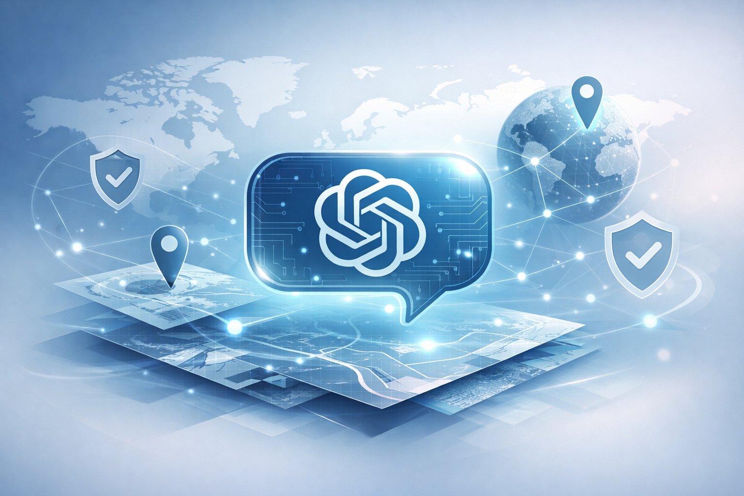 An illustration showing a chatbot surrounded by a world map, location pins, and connected network nodes symbolizing geographic data improving AI trust.