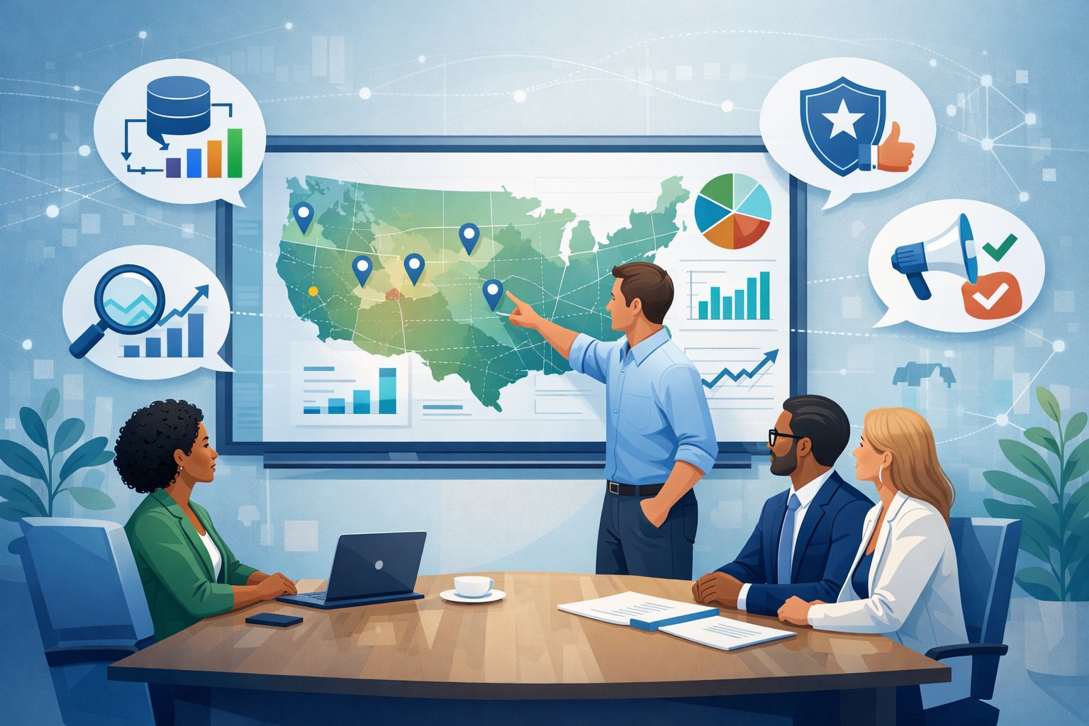 A team of professionals analyzing a large digital map with data points and charts in an office setting, illustrating the use of geographic information to enhance brand insights.