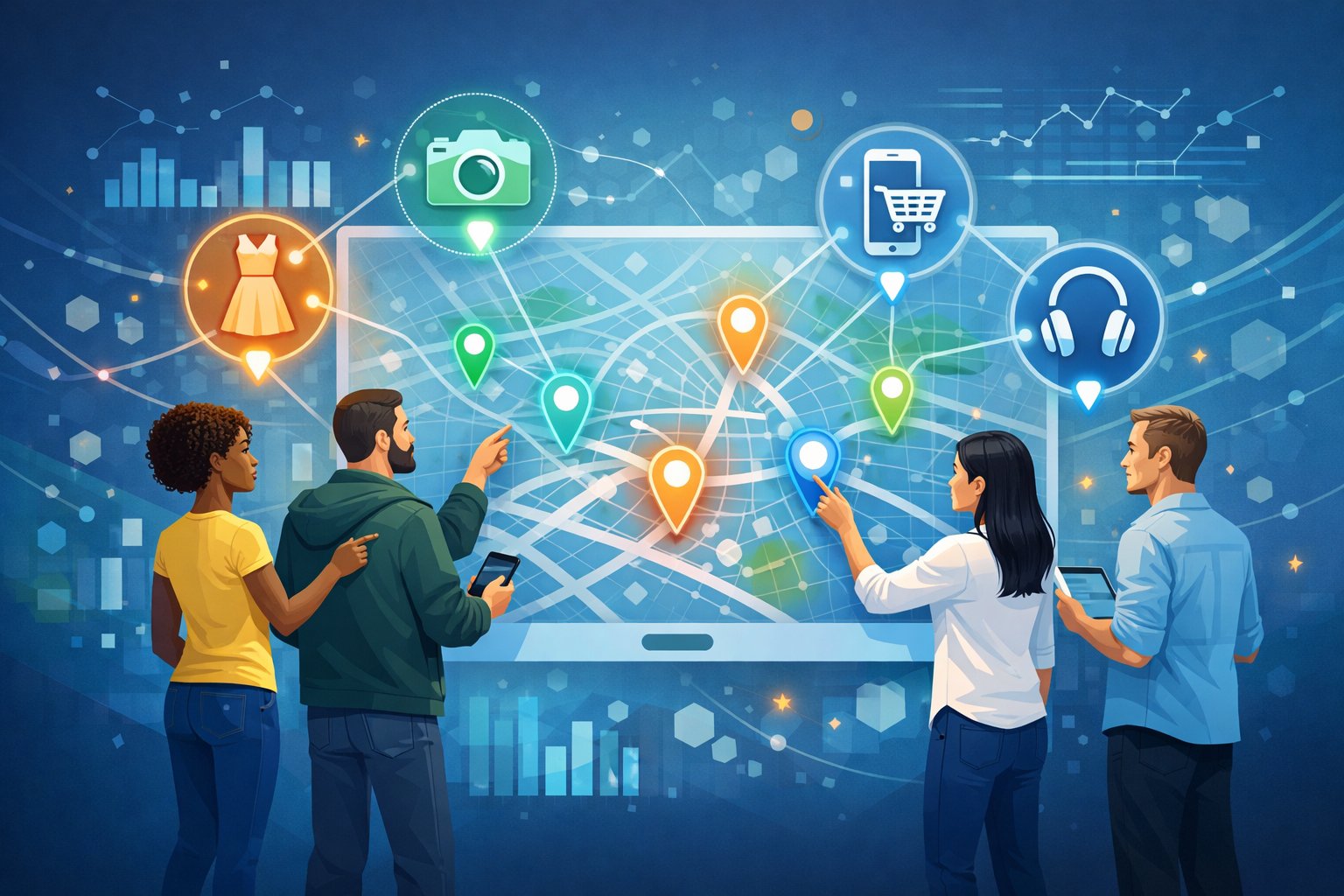 People interacting with a digital map showing location markers connected to product icons, surrounded by data charts and network elements.
