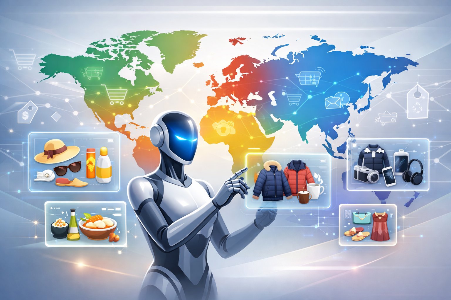 A global map with highlighted regions, an AI assistant interacting with floating data panels showing product suggestions linked to different locations.