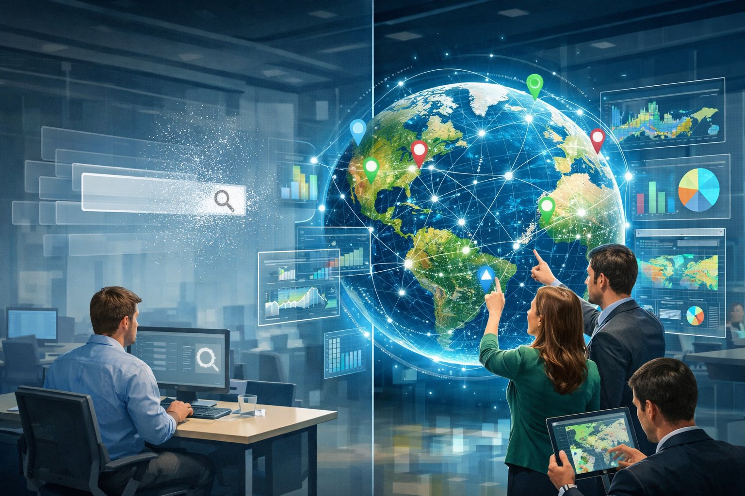 An office scene showing employees interacting with a 3D globe and digital interfaces, illustrating the shift from traditional search bars to geographic data systems in enterprise environments.