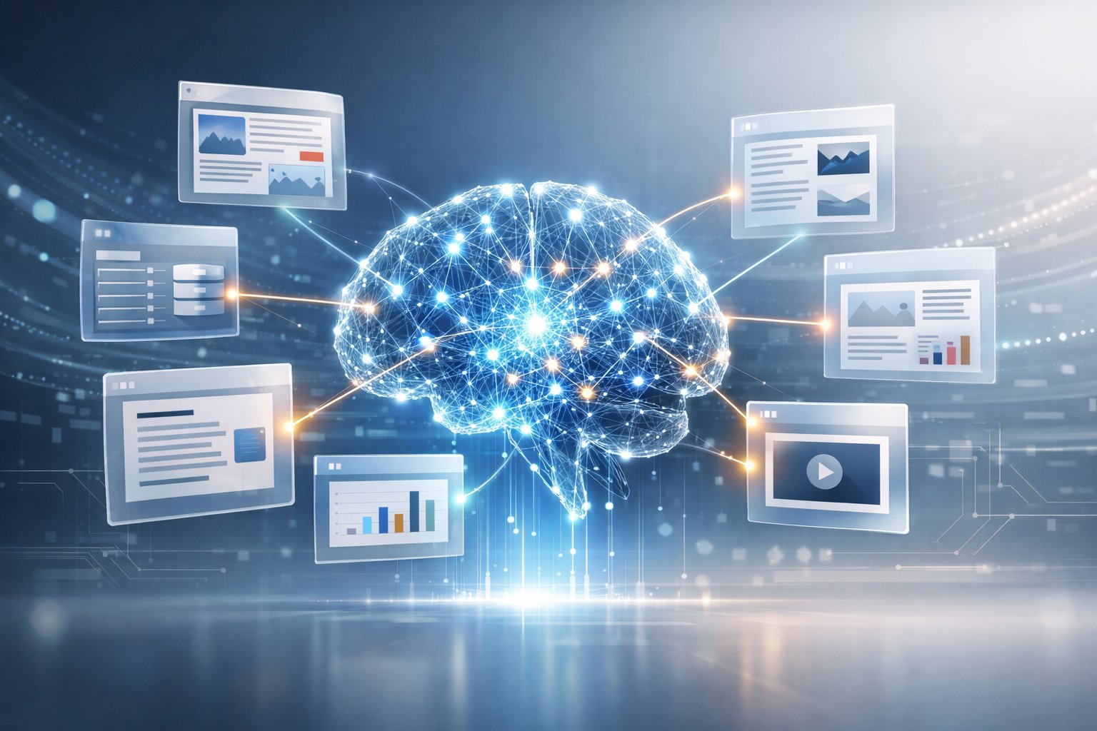 An AI brain surrounded by multiple digital source icons connected by glowing lines, representing the selection and integration of information sources.